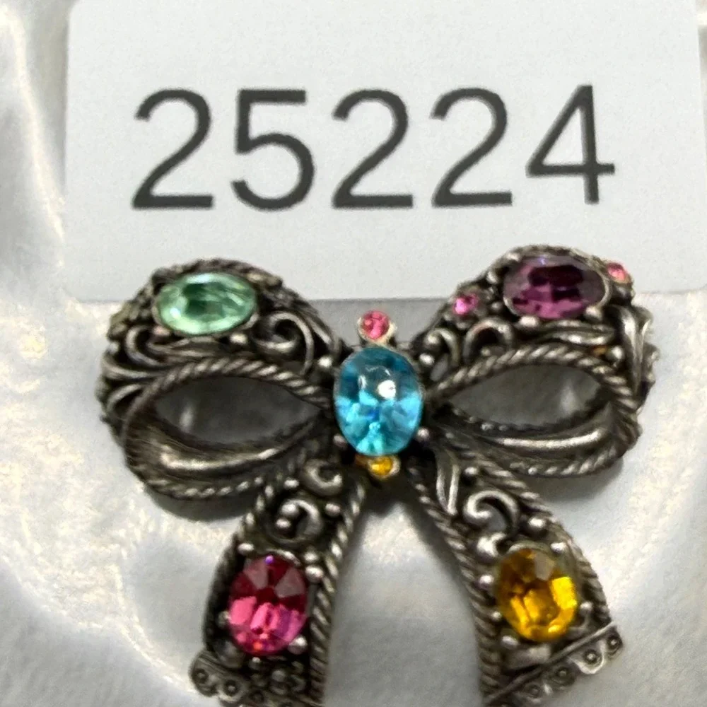 Vintage‎ Pot Metal Bow Brooch Pastel Fruit Salad Rhinestone READ